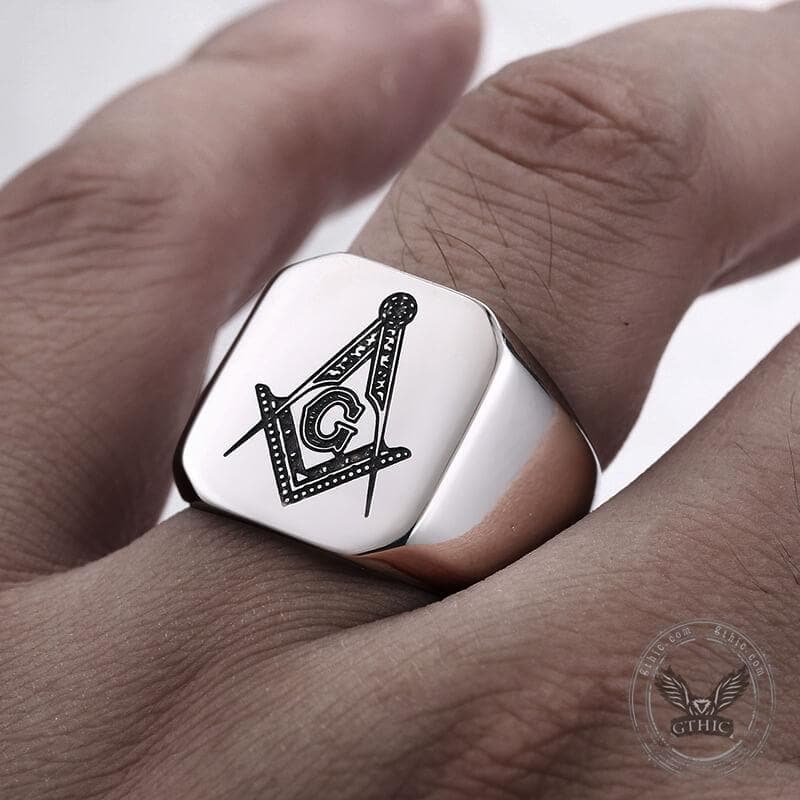 AG POLISHED STAINLESS STEEL MASONIC RING-Gthic.com