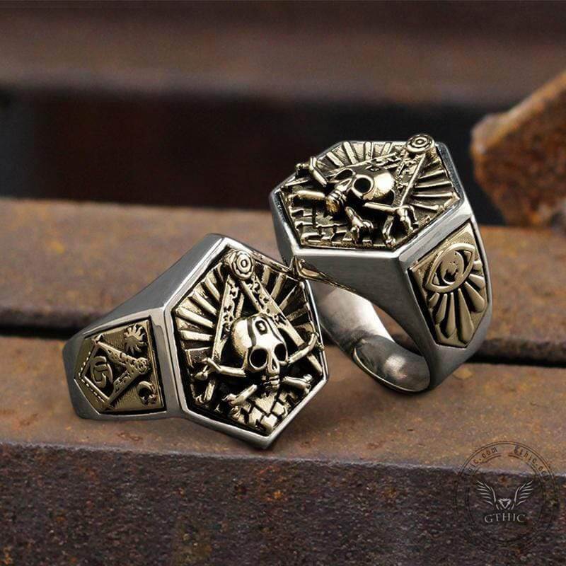 FREEMASON LIGHT STERLING SILVER MASONIC SKULL RING-Gthic.com