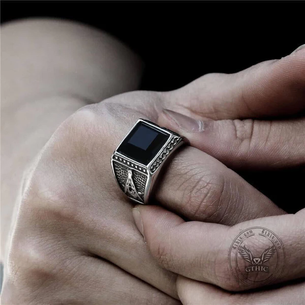 Black Gemstone Stainless Steel Masonic Ring - Gthic.com