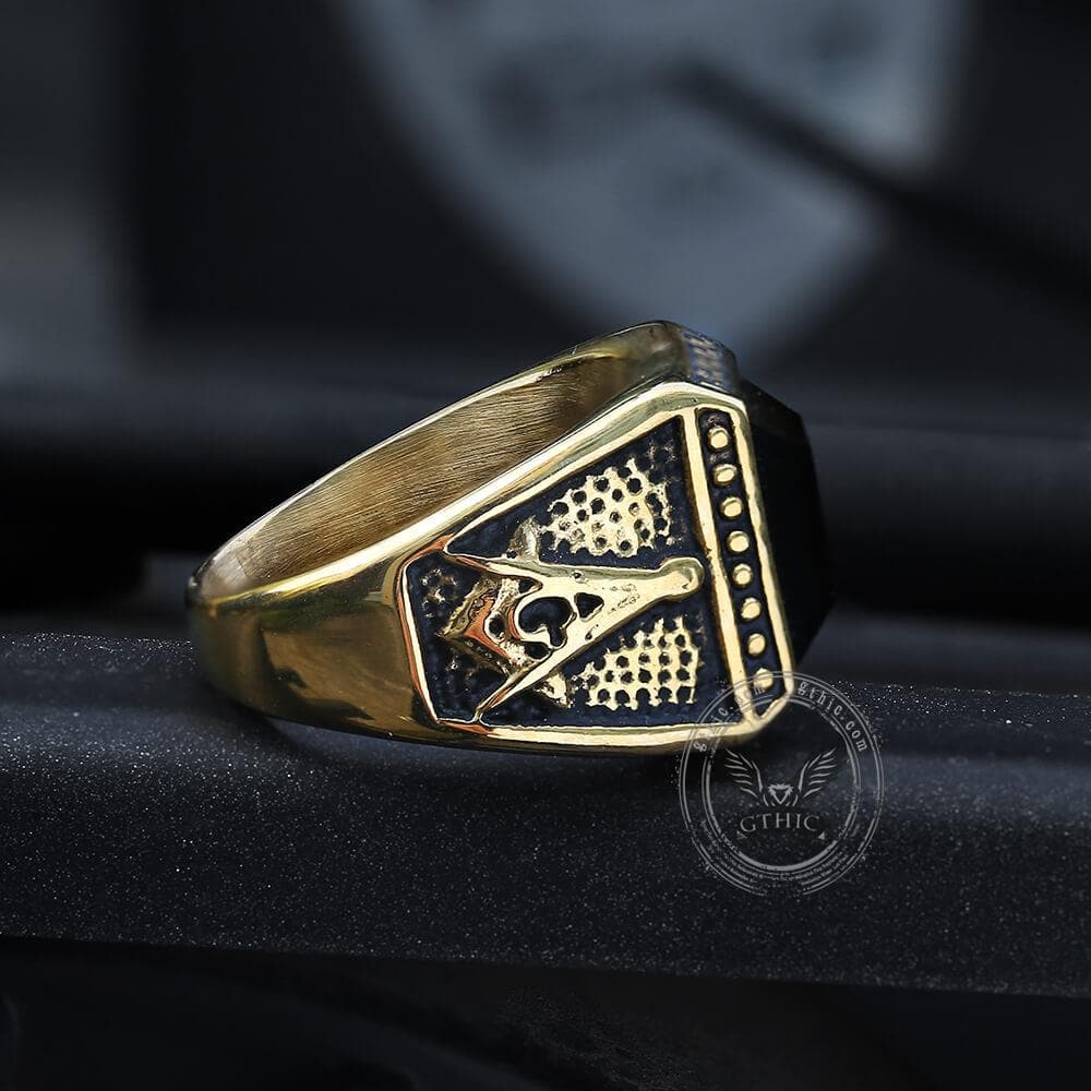 BLACK GEMSTONE STAINLESS STEEL MASONIC RING-Gthic.com