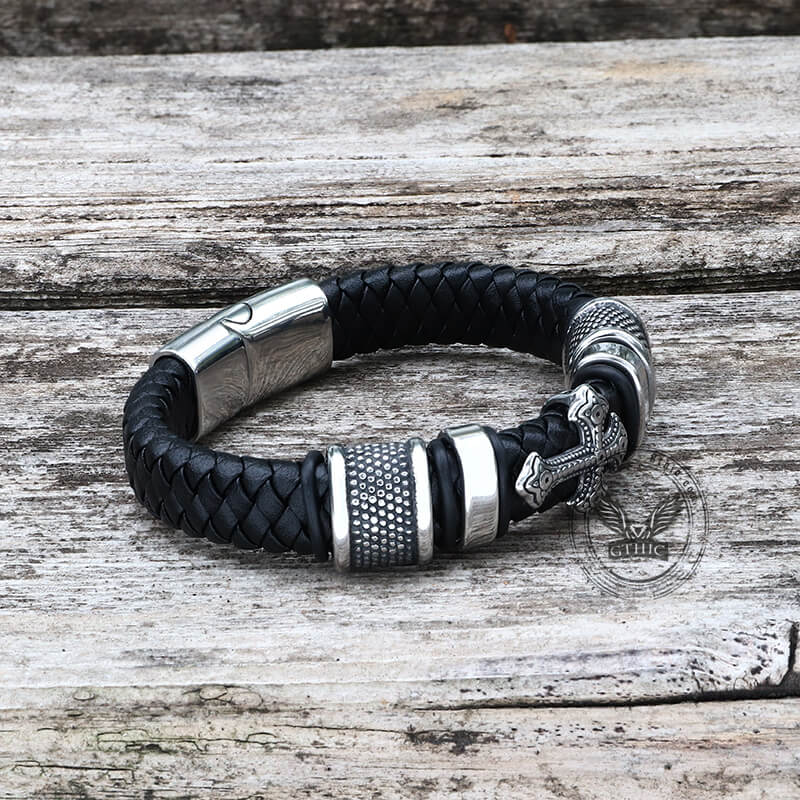 Budded Cross Stainless Steel Braided Leather Bracelet-Gthic.com
