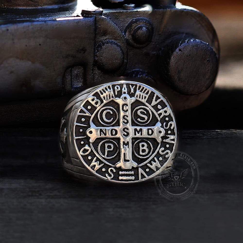 ST. BENEDICT STAINLESS STEEL CROSS RING-Gthic.com