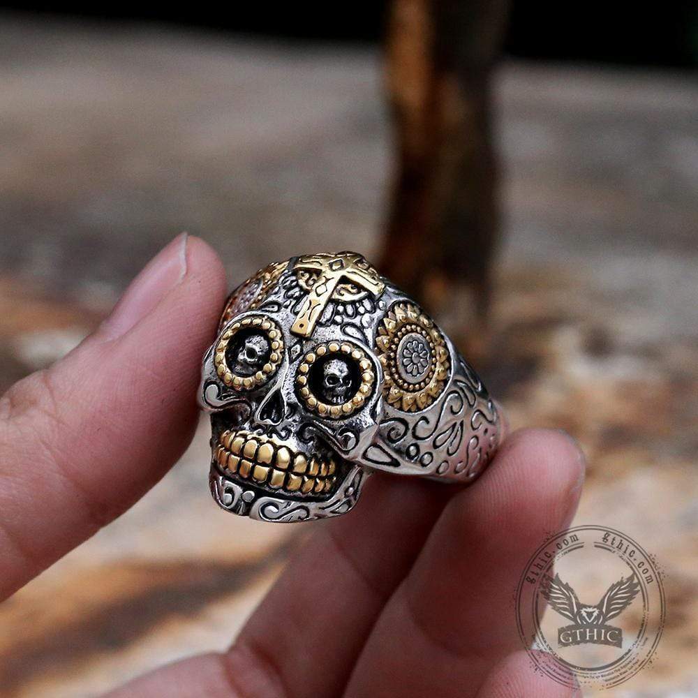 Vintage Cross Sugar Skull Ring - Gthic.com 