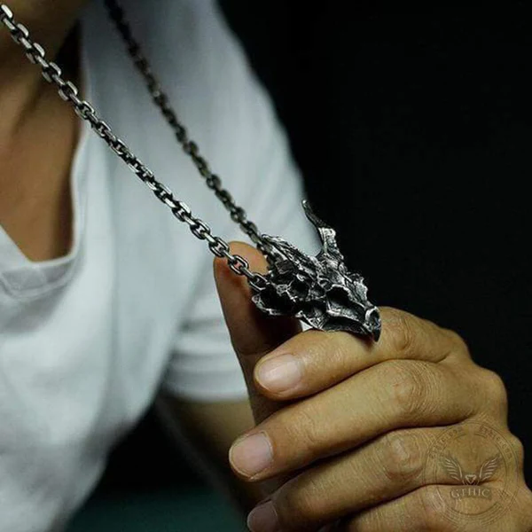 DRAGON STERLING SILVER MENS SKULL NECKLACE - Gthic.com