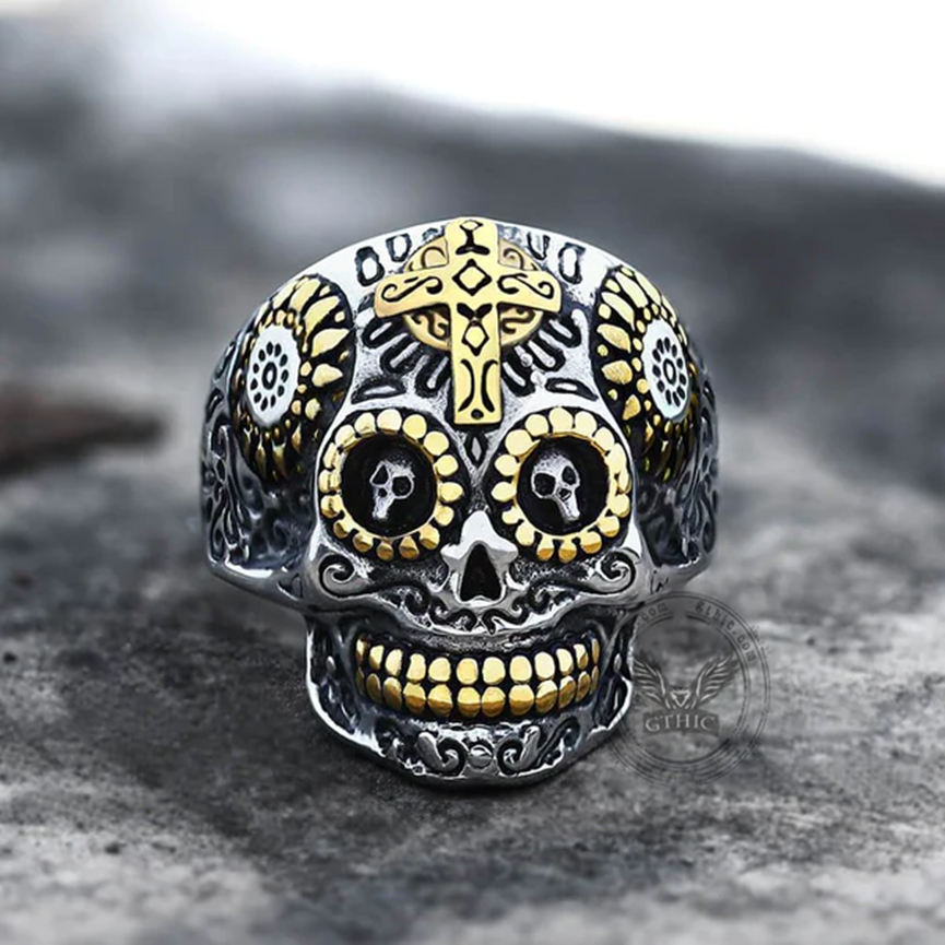 VINTAGE CROSS STAINLESS STEEL SUGAR SKULL RING-Gthic.com