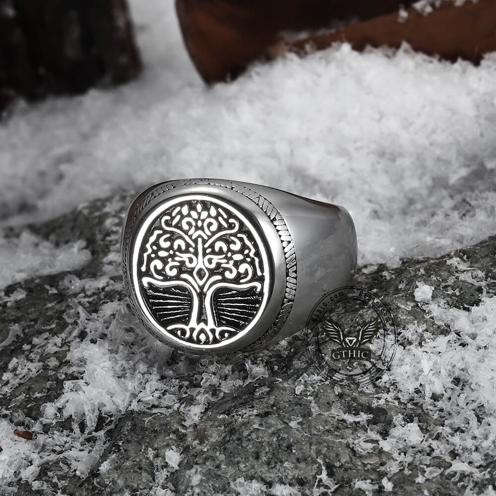 TREE OF LIFE SIGNET STAINLESS STEEL VIKING RING - Gthic.com
