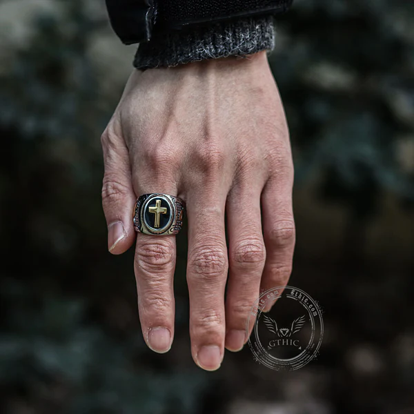 RETRO CROSS STAINLESS STEEL RELIGIOUS RING-Gthic.com