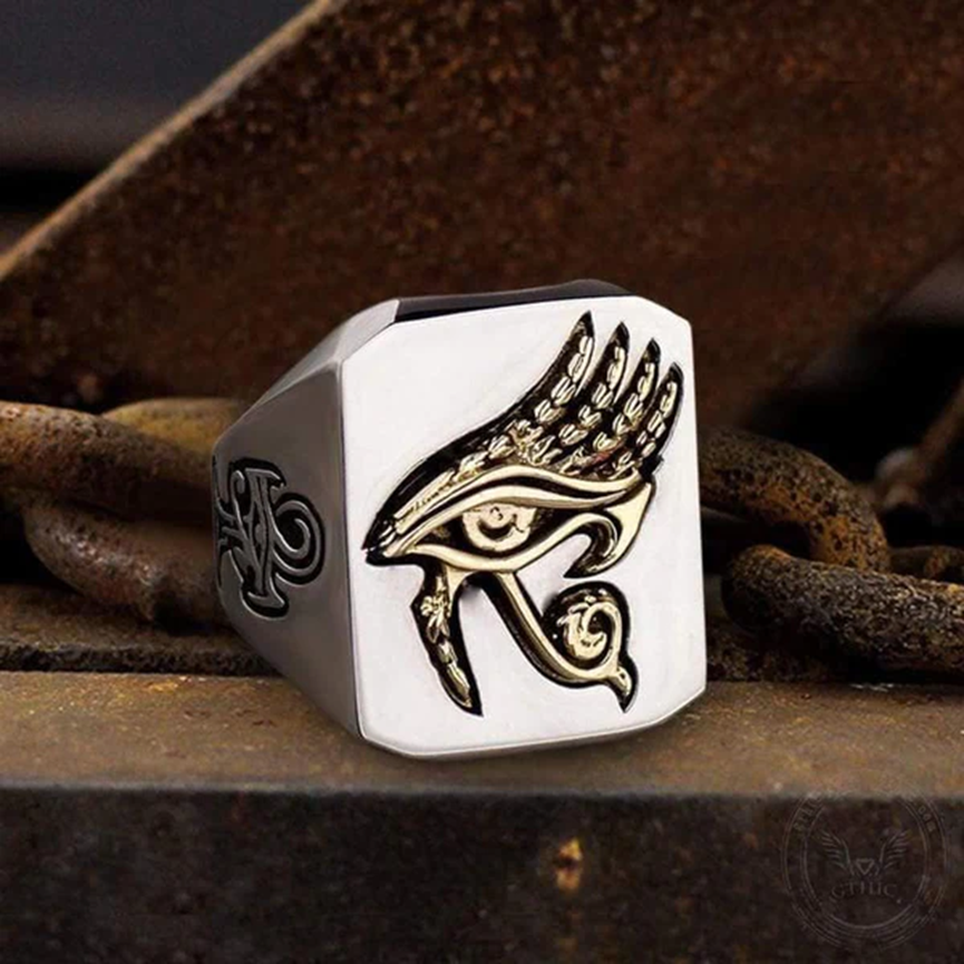 EYE OF HORUS STAINLESS STEEL EGYPTIAN MYTHOLOGY RING-Gthic.com