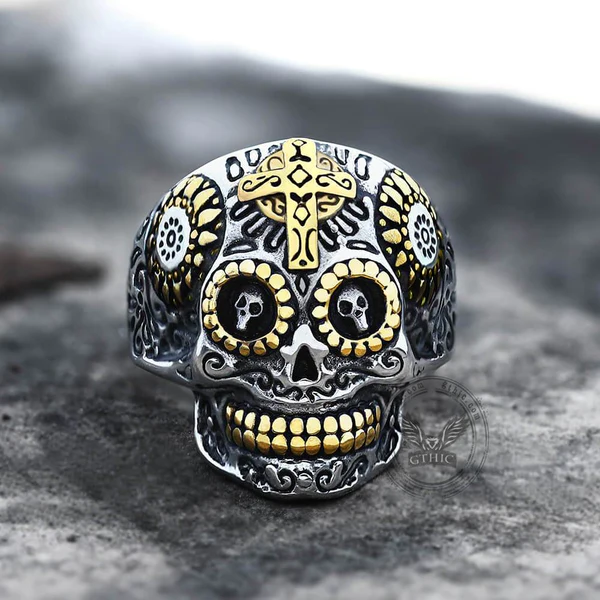 Vintage Cross Stainless Steel Sugar Skull Ring - Gthic.com