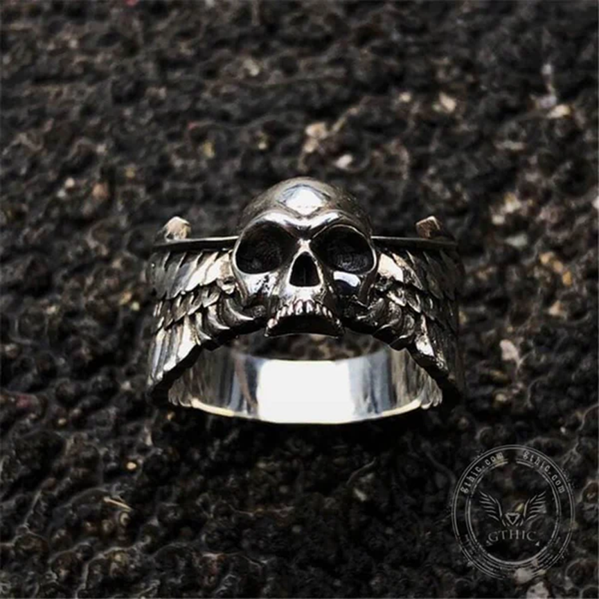WINGED SKULL STERLING SILVER RING-Gthic.com