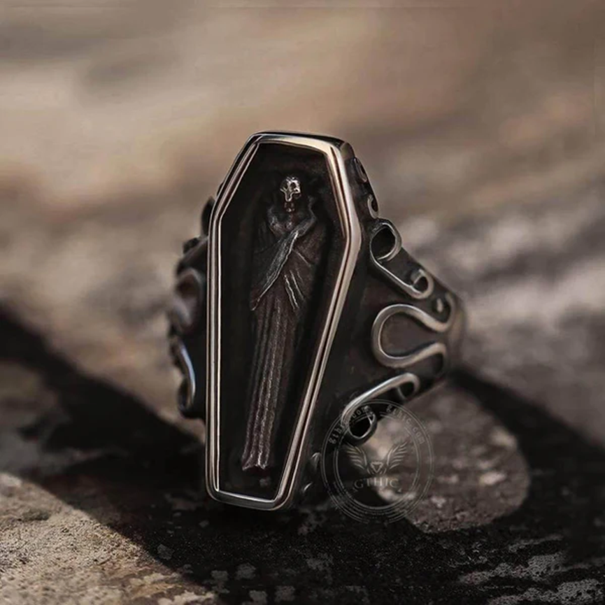 VAMPIRE COFFIN STAINLESS STEEL SKULL RING-Gthic.com