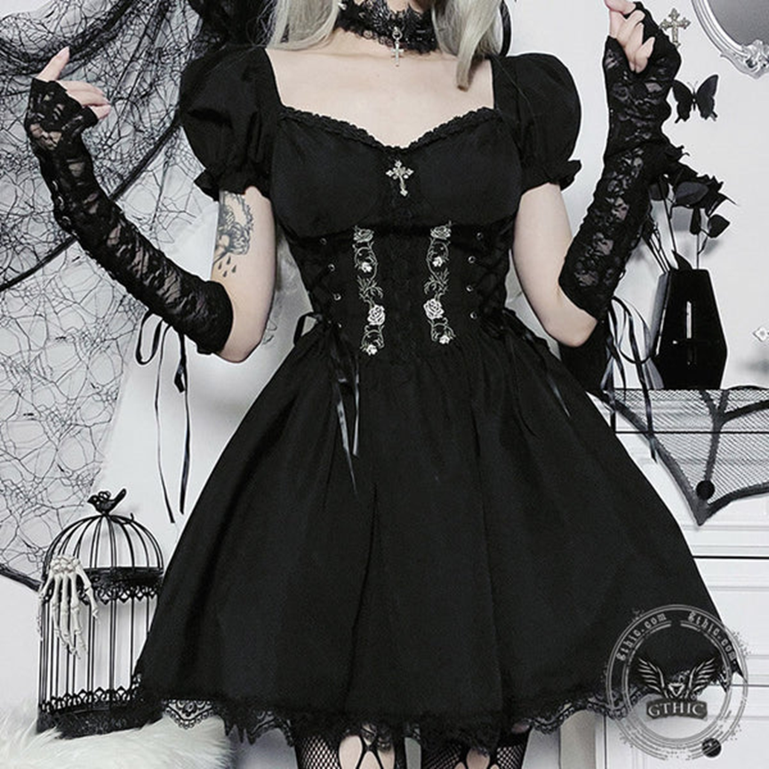 GOTHIC ROSE EMBROIDERED OFF SHOULDER DRESS WITH GLOVES - Gthic.com