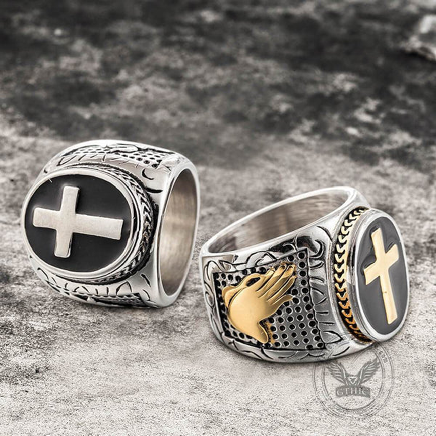 RETRO CROSS STAINLESS STEEL RELIGIOUS RING - Gthic.com