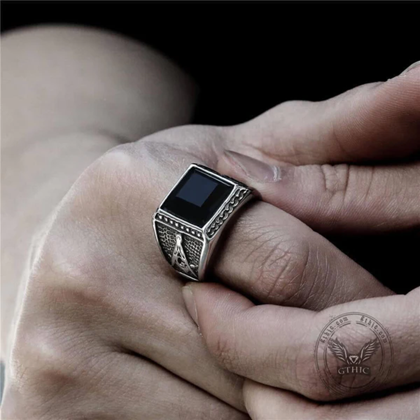 BLACK GEMSTONE STAINLESS STEEL MASONIC RING-Gthic.com