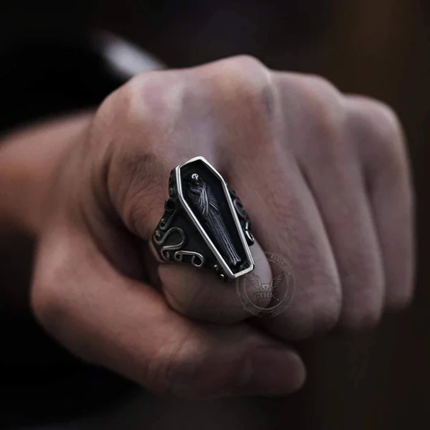 VAMPIRE COFFIN STAINLESS STEEL SKULL RING - Gthic.com