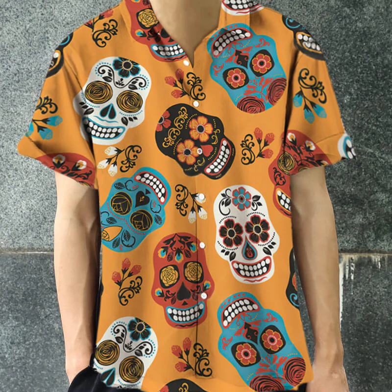 SUGAR SKULL PRINT POLYESTER HAWAIIAN SHIRT - Gthic.com