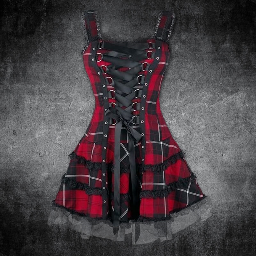 PLAID LACE UP GOTHIC MINI DRESS - Gthic.com