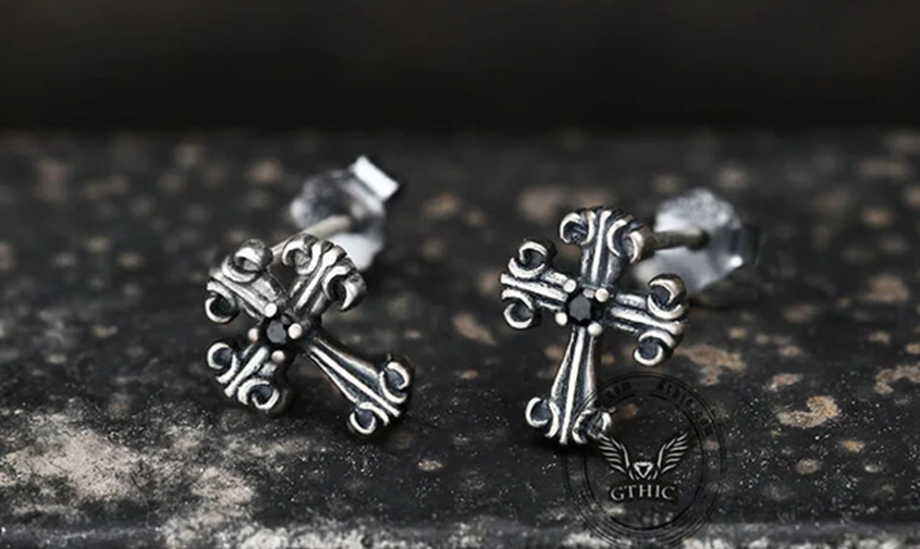 GOTHIC VICTORIAN CROSS STERLING SILVER STUD EARRINGS-Gthic.com