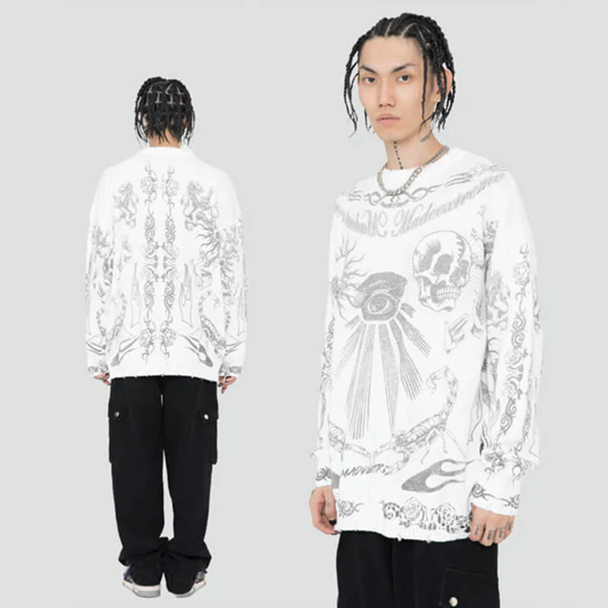 CLASSIC SKULL-PRINT LOOSE POLYESTER SWEATER - Gthic.com