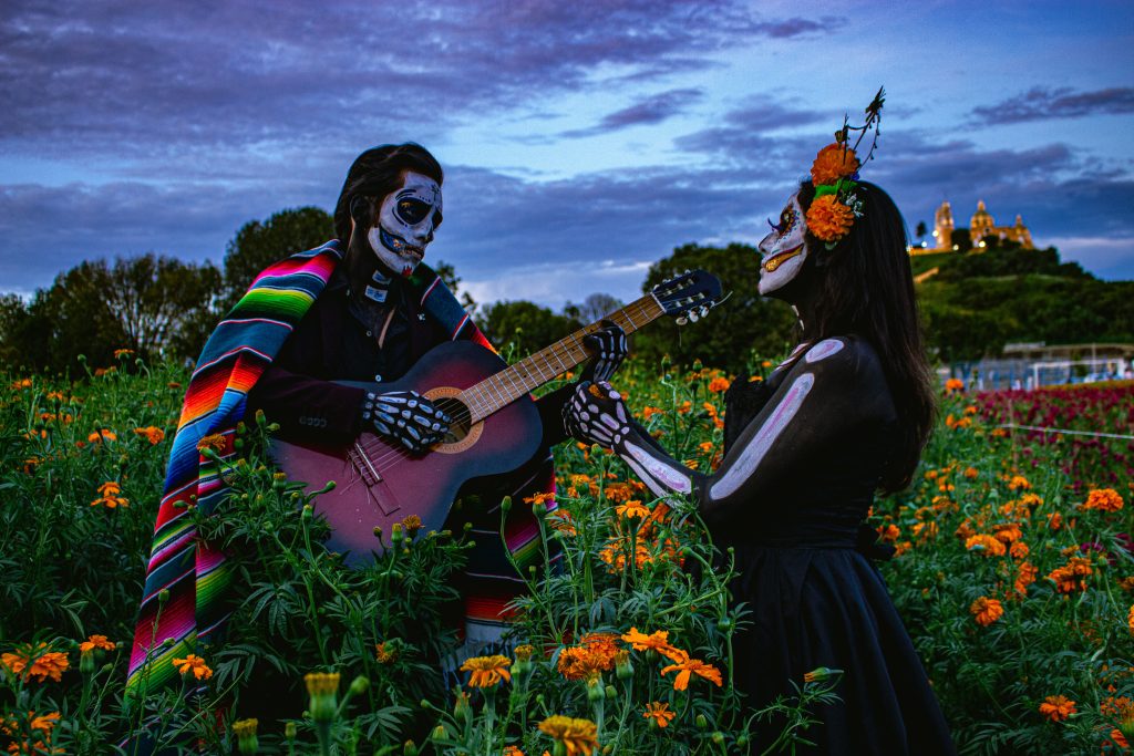 man and woman palying guitar in the flowers