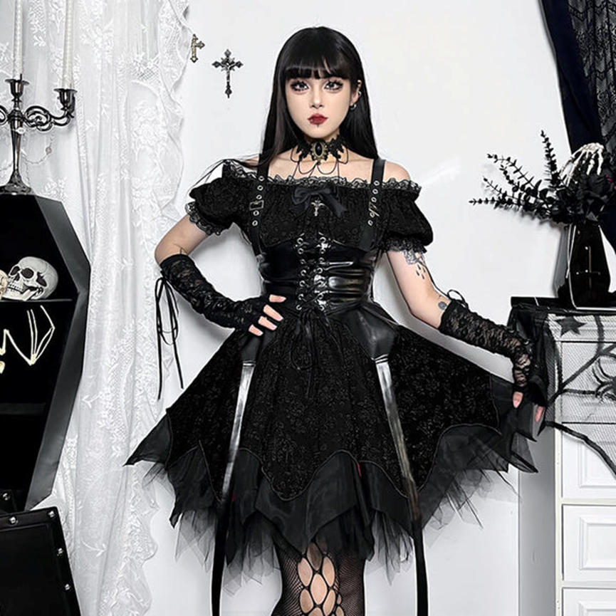 FLORAL PATTERN POLYESTER GOTHIC DRESS - Gthic.com
