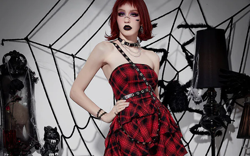 A goth girl wear a red goth dress