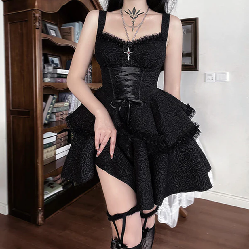 GOTHIC DOUBLE-LAYERED POLYESTER PARTY DRESS - Gthic.com