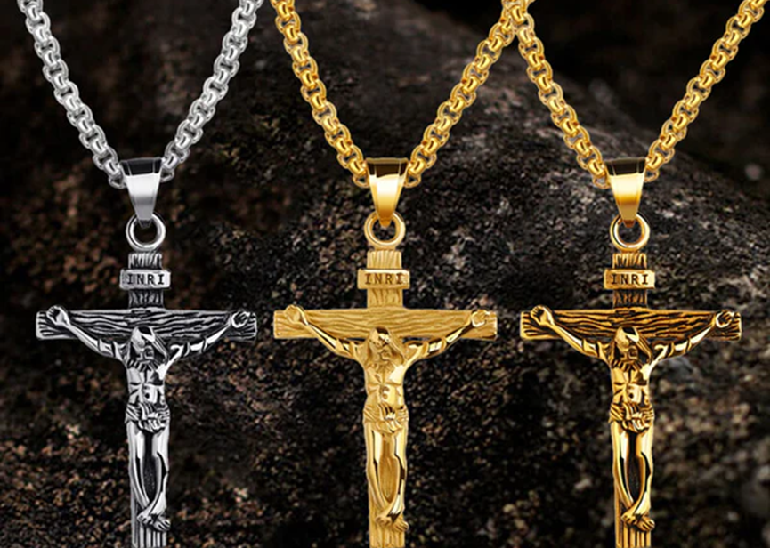 Christian cross necklace made from stainless steel， gold and sterling silver