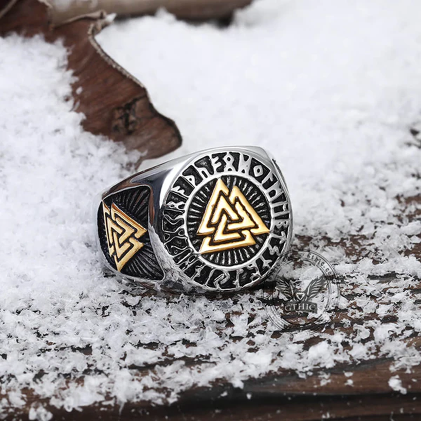 RUNES VALKNUT TRIANGLE STAINLESS STEEL VIKING RING - Gthic.com